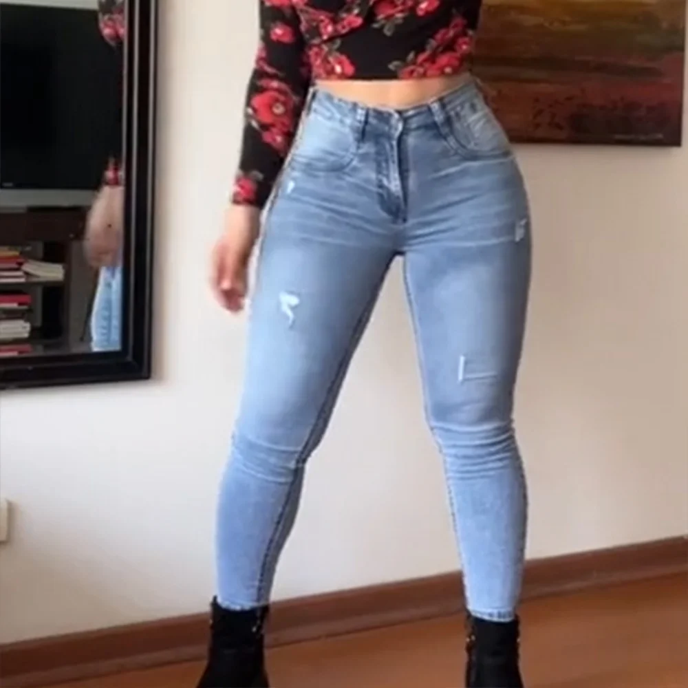 

New High Elastic Skinny Pencil Jeans Stretch Spring Light Blue Vintage High Waist Pants Y2k Simple High Quality Korean Style