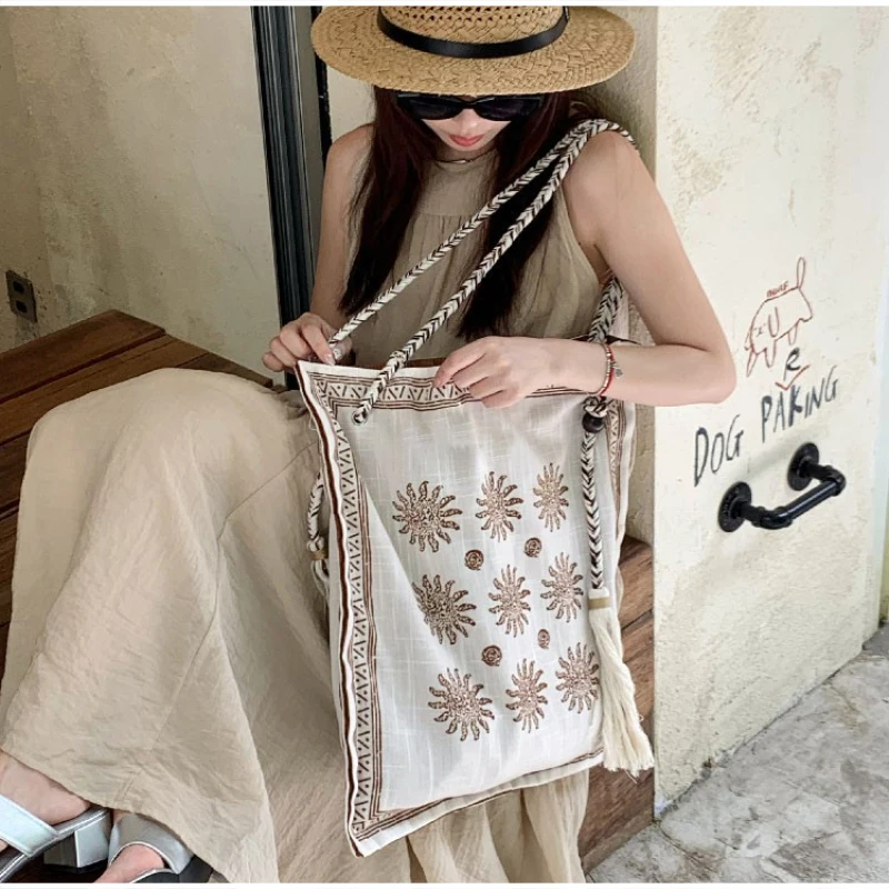 Designer Style Bohemian Linen Bag With Braided Handle Ethnic Floral Embroidered Tote Bag Women Crossbody Shopper Bag With Tassel view 4