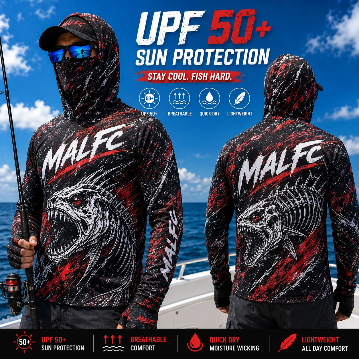 MALFC Men Hood Fishing Shirt long sleeve fishing t shirt uv protection Fishing Apparel view 2