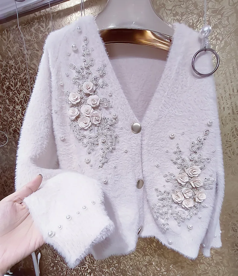 Fairy Luxury 3D Flowers Embroidery Pearls Beaded Warm Mink Cashmere Knitted Cardigan Plush Mohair Sweater Coat Knitwear Tops