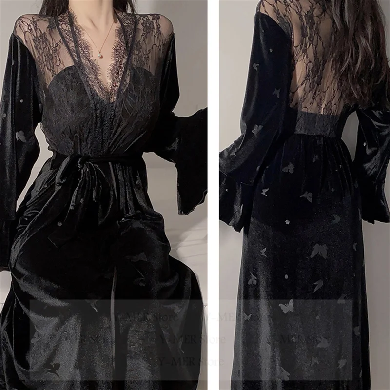 Autumn Winter New Velour Robe Gown Wedding Vestidos De Novia Nightwear Female Sexy Halter Nightdress Night Wear Female Kimono