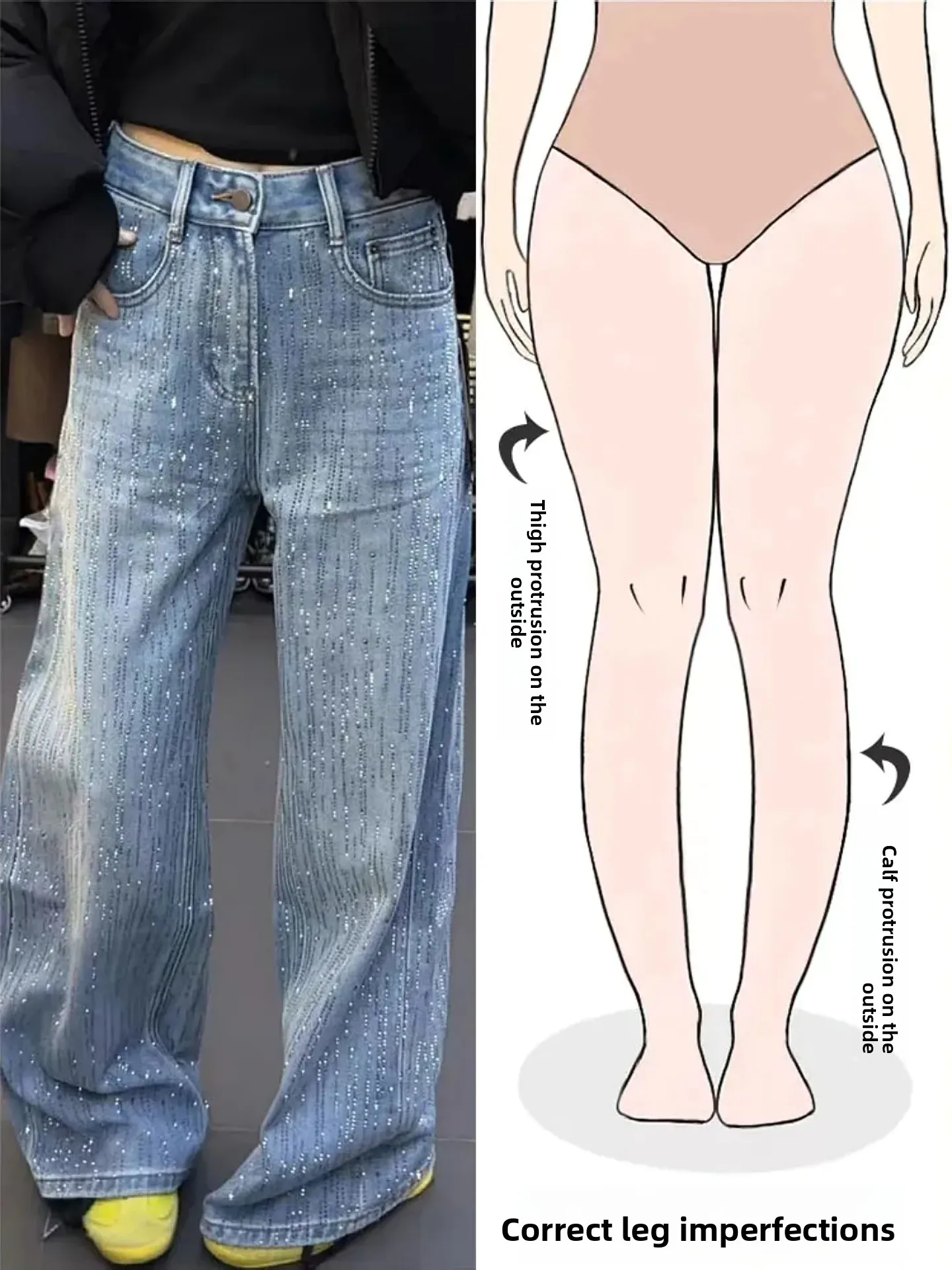 

American Retro Rhinestone Denim Jeans Women's Spring New Street Style Fashion Design Slimming Long Pants Pear Body Shape