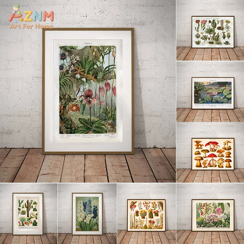AZNM Vintage Botanical Canvas Wall Art Retro Orchid Cactus Mushroom Flower Plant Scientific Illustration Natural Unframed Canvas