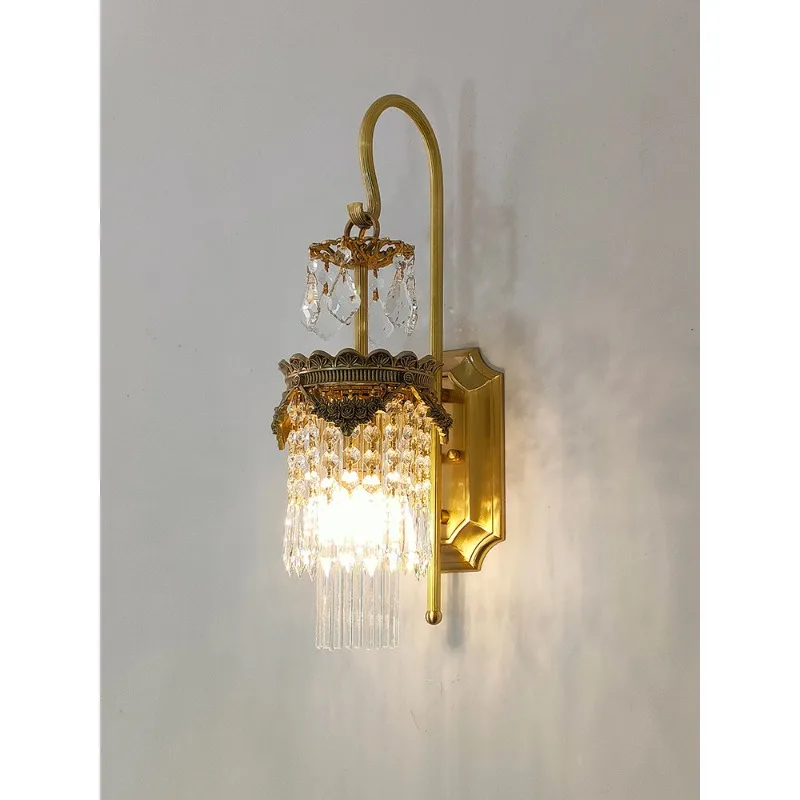 French all-copper crystal wall lamp, living room TV background wall, fringed European crown, bedroom bedside charging copper wal