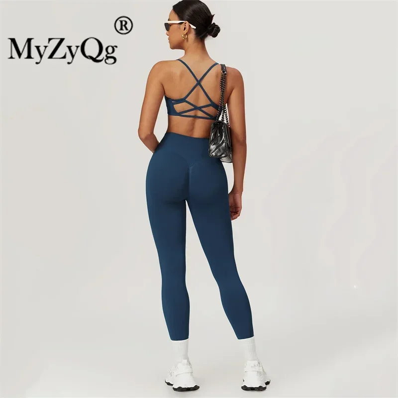 MyZyQg Women Seamless Crossover Back Yoga Bra Legging Set Summer Sports Quick Dry Top Fitnes Workout Suit 2 Piece Outfit