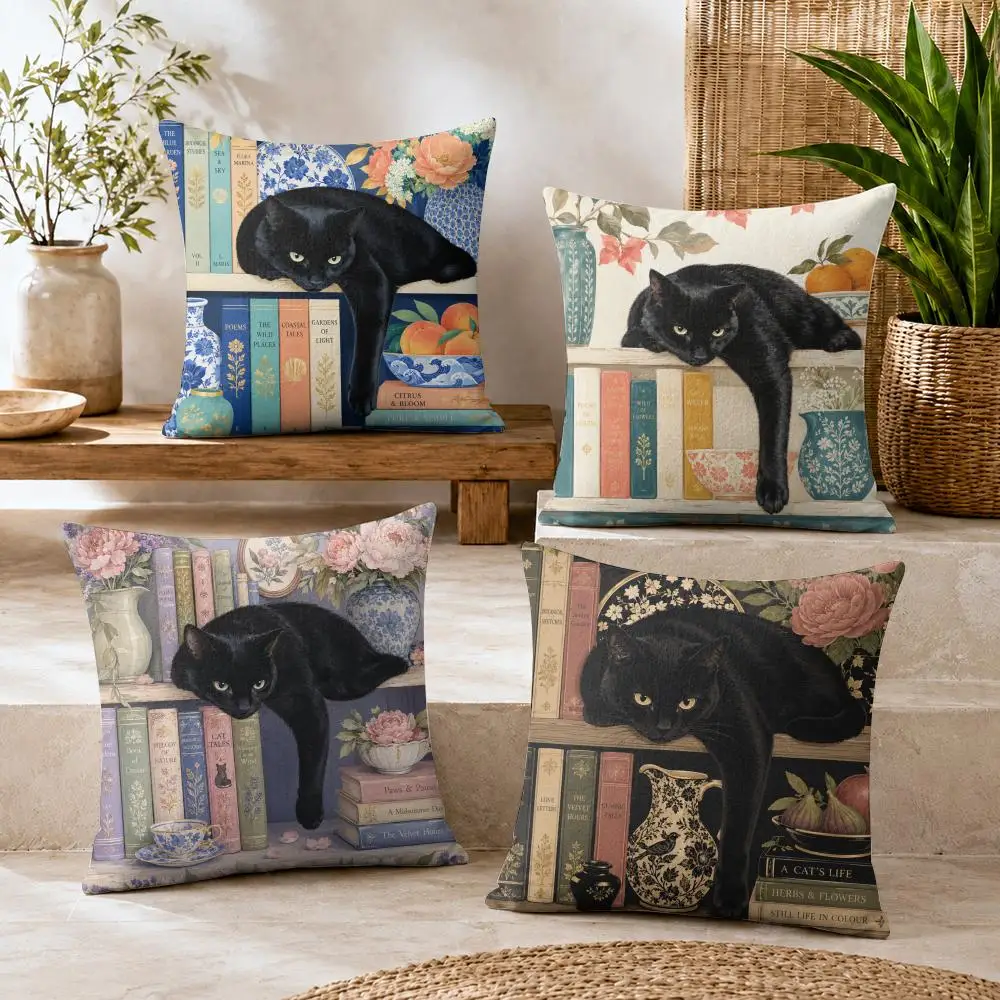 Black Cat Books Cushion Cover Short Plush Soft Double-Sided Printing Pillow Case Cozy Sofa Bedroom Home Decor Gift