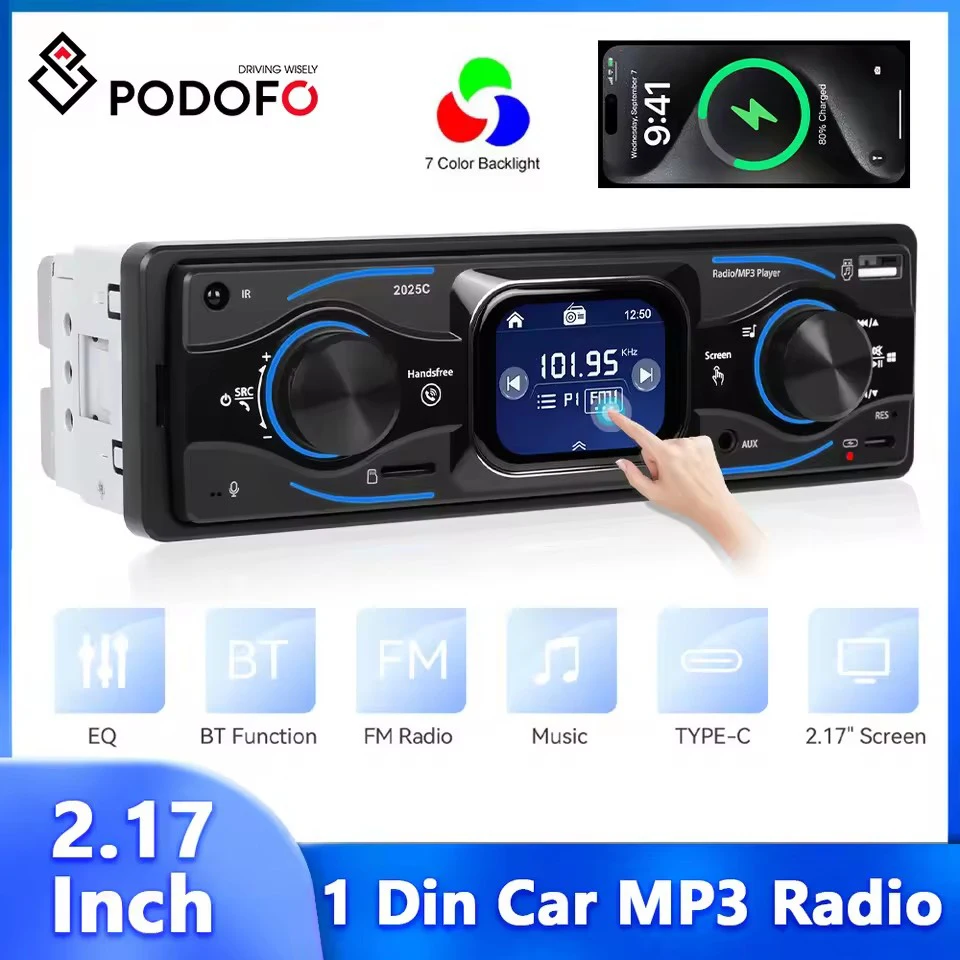 Podofo 2.17'' 1Din MP3 Player In-dash Touch Screen Autoradio ISO Port USB/SD/AUX-IN Colorful Lights Remote Control Bluetooth FM