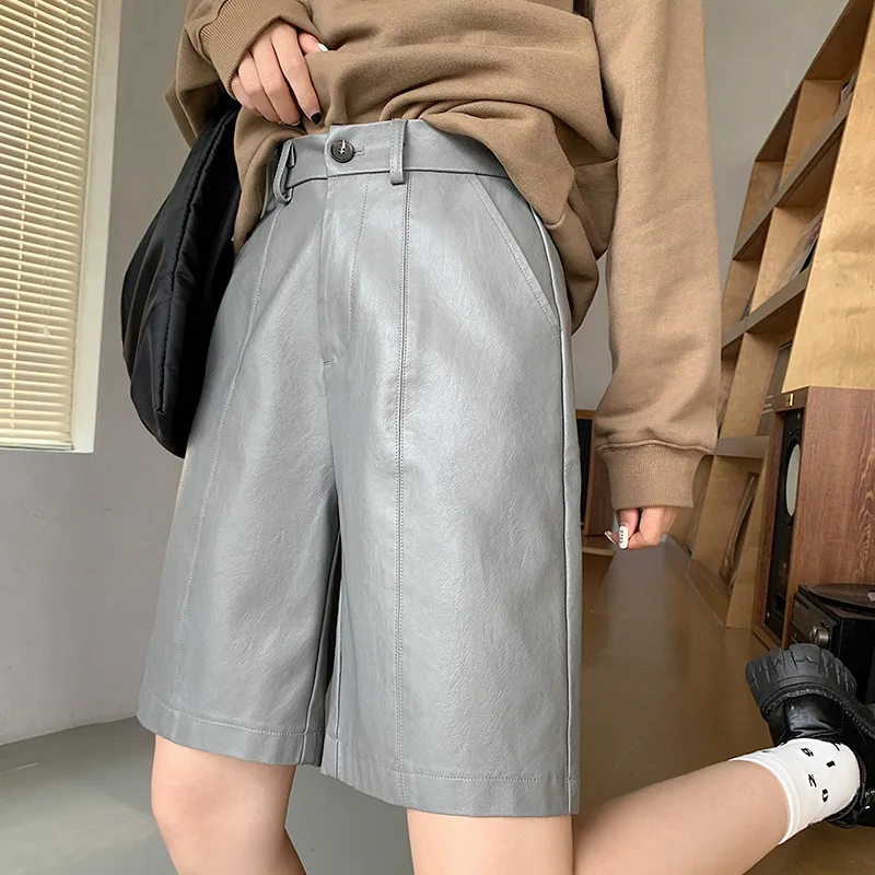 High Waist Women PU Leather Shorts Motorcycle Female  Loose Shorts Green Spring Summer 2025