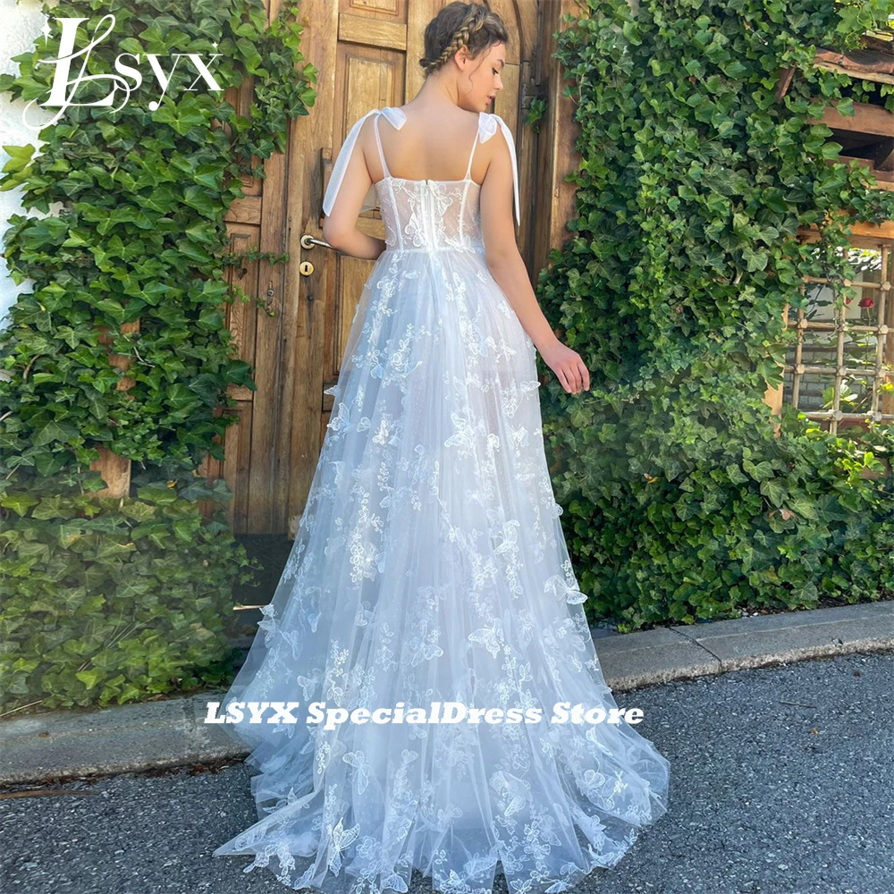 LSYX Borboleta Lace Querida Prom Dress 2023 Correias A Linha Alta Side Slit Sweep Train Tulle Vestido de Noite Robes De Soirée