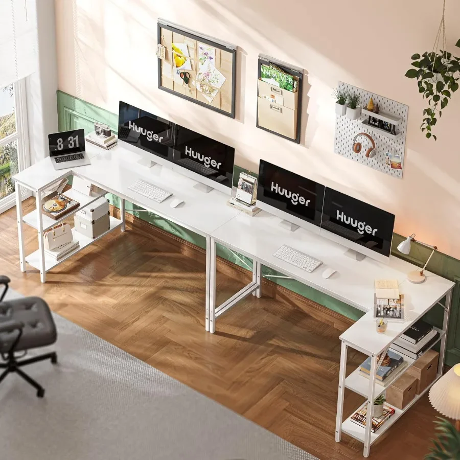 مكتب كمبيوتر على شكل حرف L مقاس 55 بوصة مع أرفف تخزين قابلة للعكس لزوايا الألعاب والمكتب المنزلي ودراسة الكتابة المعدنية المتينة