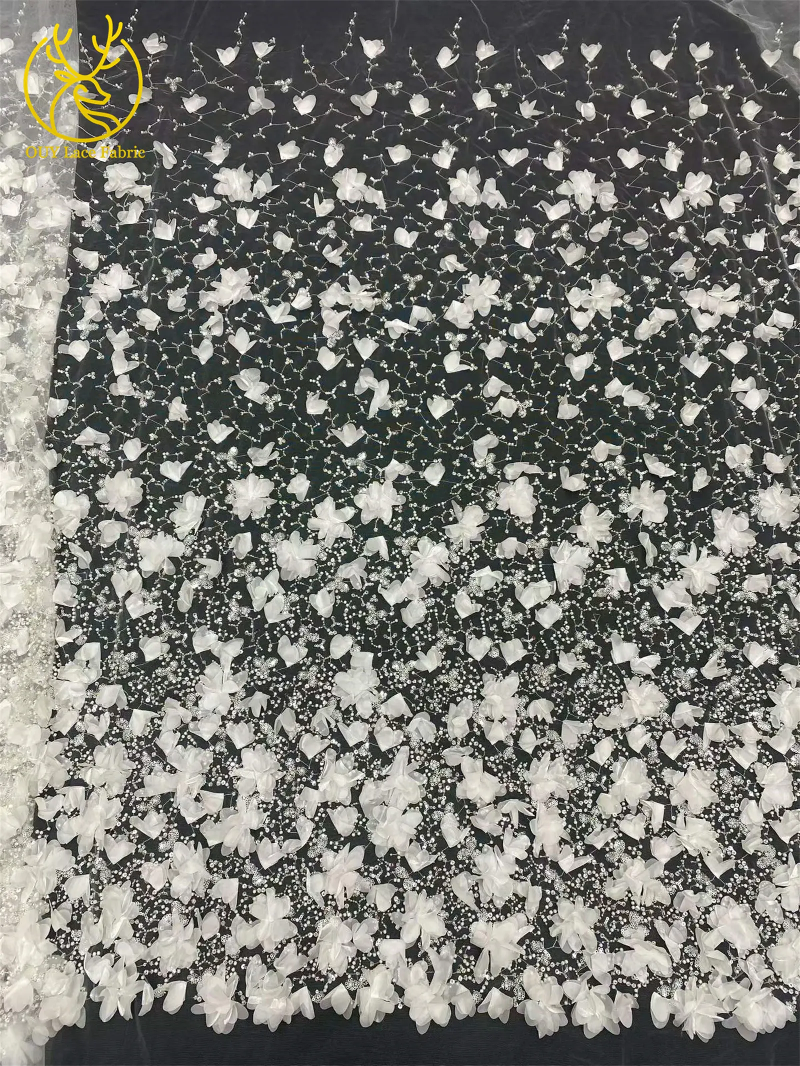 Afrikanischer Perlen-Pailletten-Spitzenstoff 2026 Schwarz 3D-Blumenstickerei Afrikanischer Spitzenstoff für Hochzeitskleid-Dekoration und Näharbeiten – Detail 10