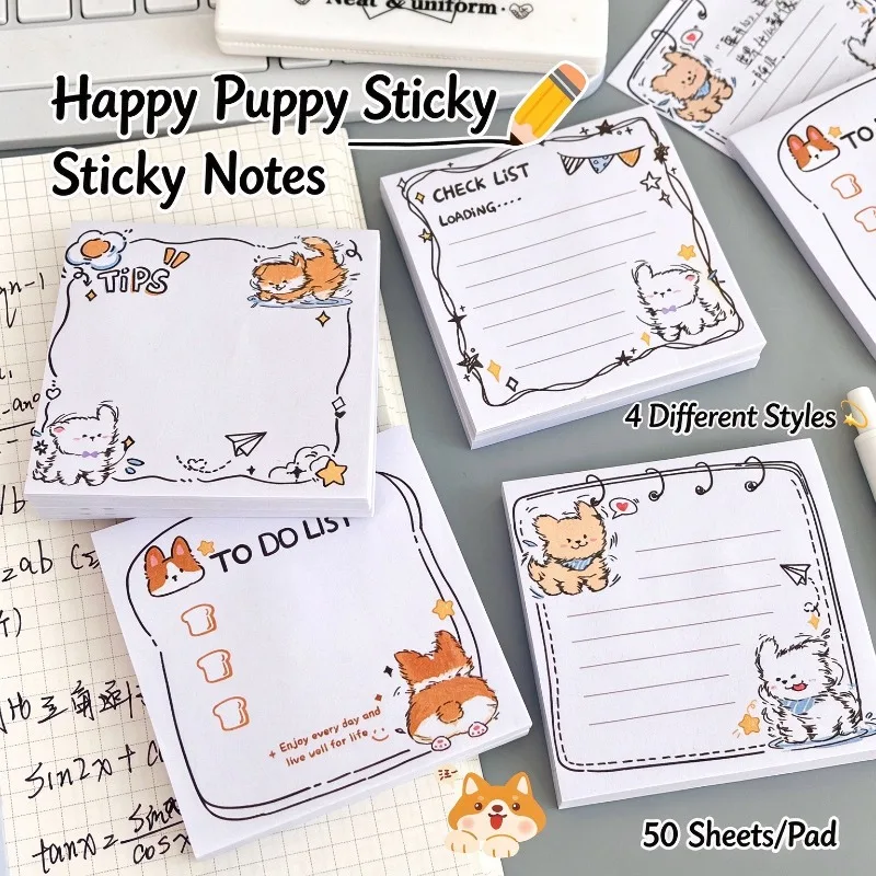 4pcs Cute Cartoon Dog Sticky Notes To Do List Self-Adhesive Memo Pad 50 Sheets/Pad Kawaii Puppy Notepad School Office Stationery