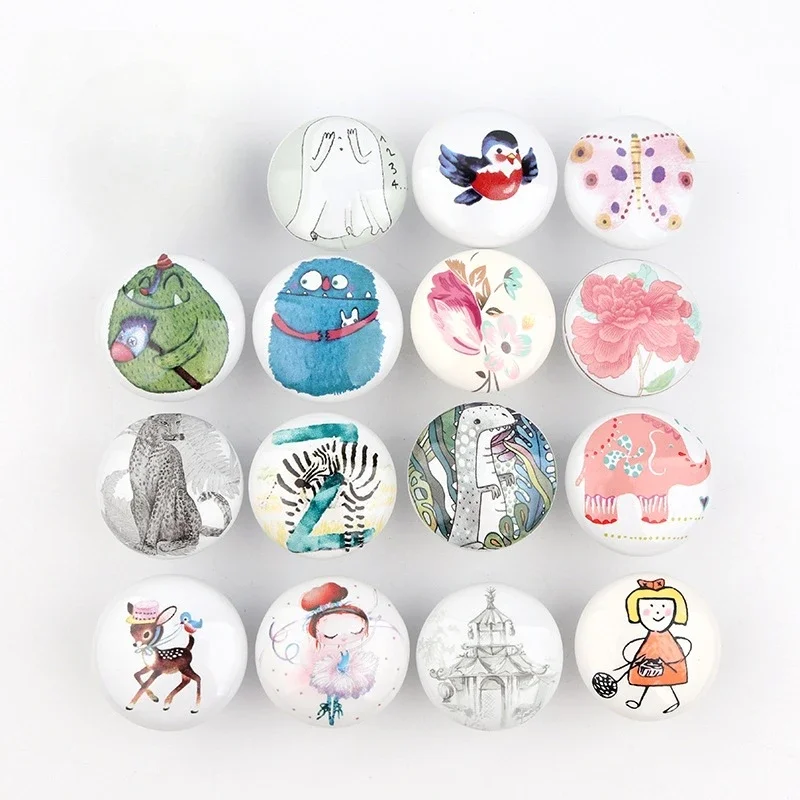 Cartoon Printed Hand-painted Ceramic Cute Drawer Handles, Cabinet Doors, Tatami Hidden Grid Handles