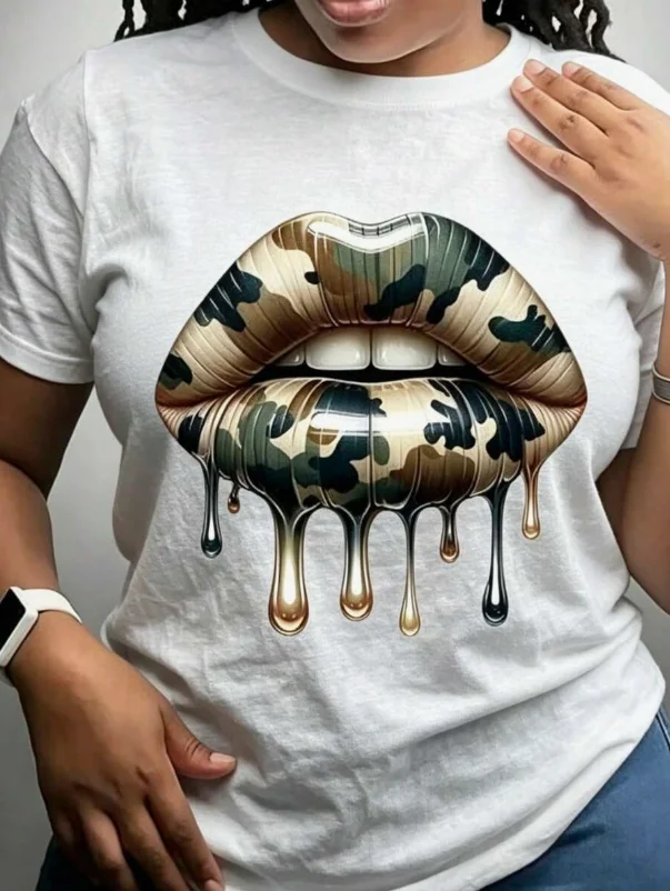2026 Fashion New Arrival Women Leopard Print Dripping Lips Graphic T Shirt Chic Y2K Style Round Neck Short Sleeve Casual Streetwear Basic T-Shirt