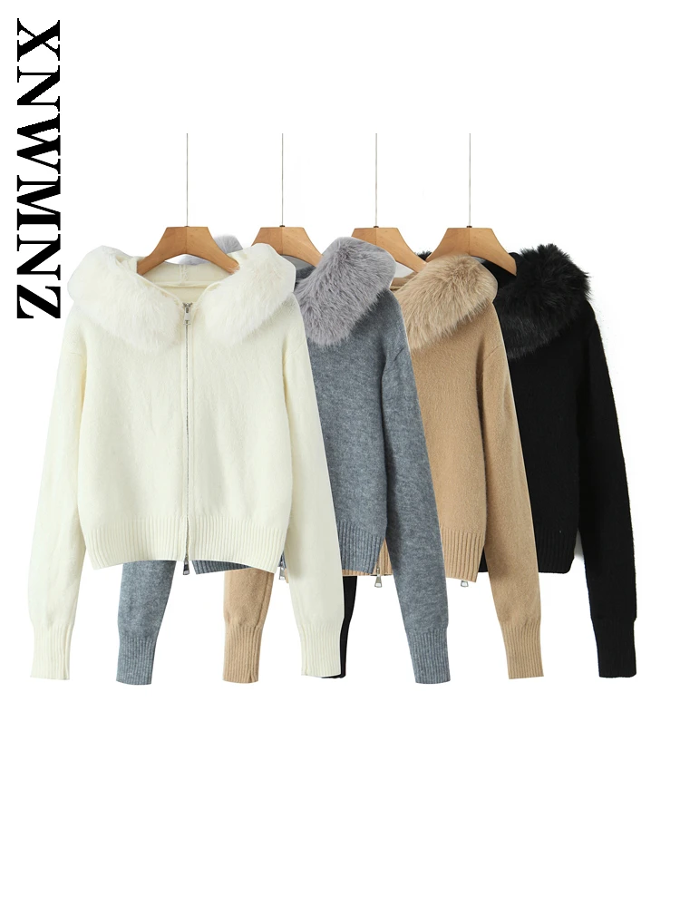 

XNWMNZ Autumn Woman Simple Chic Long Sleeve Hooded Collar Knit Cardigan Casual Fashion Women Clothing Commuting Long Sleeve Top