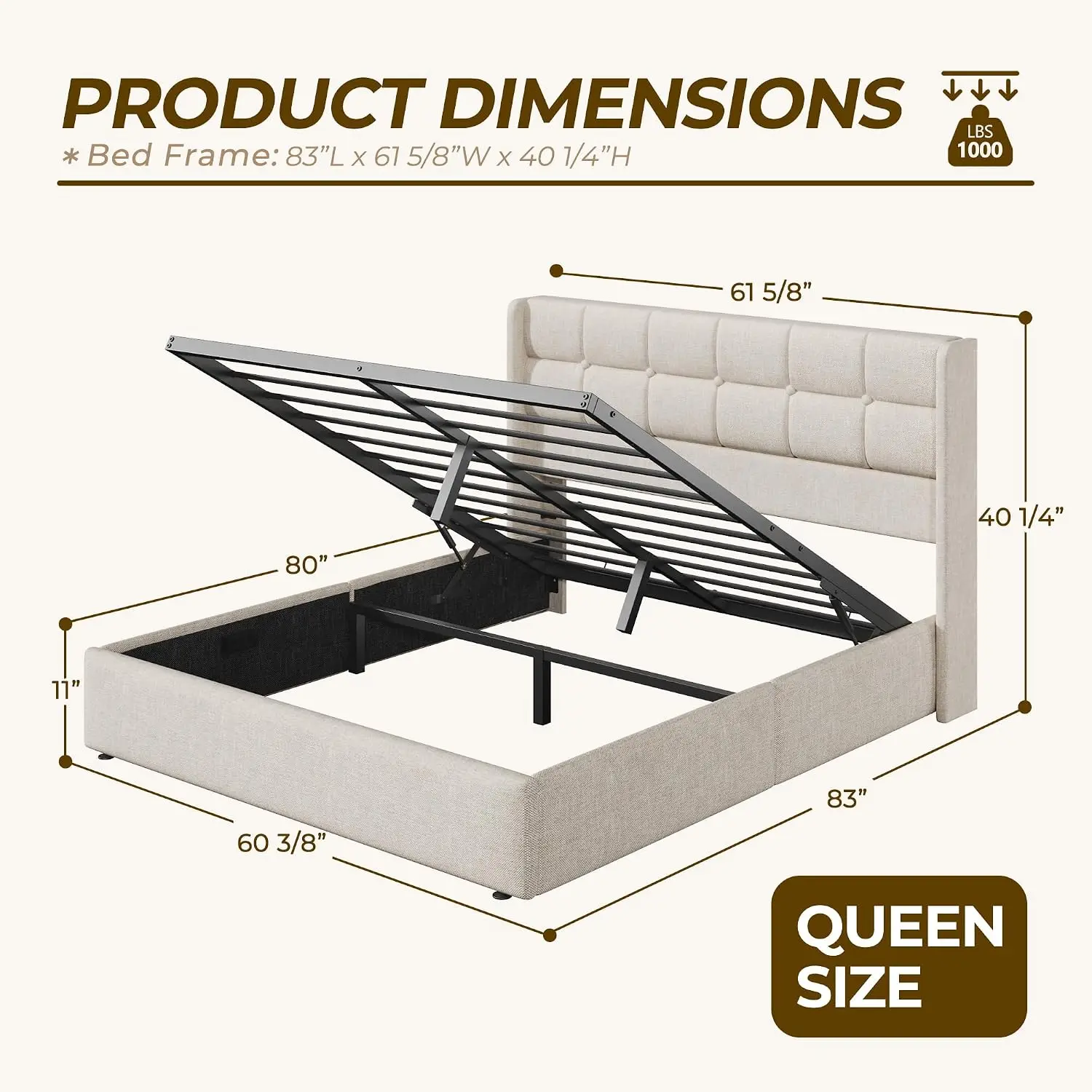 Queen Upholstered Storage Bed Frame, Linen Wingback Headboard, Hydraulic Gas Lift Underbed Space, Metal Slats, Noise Free, Beige