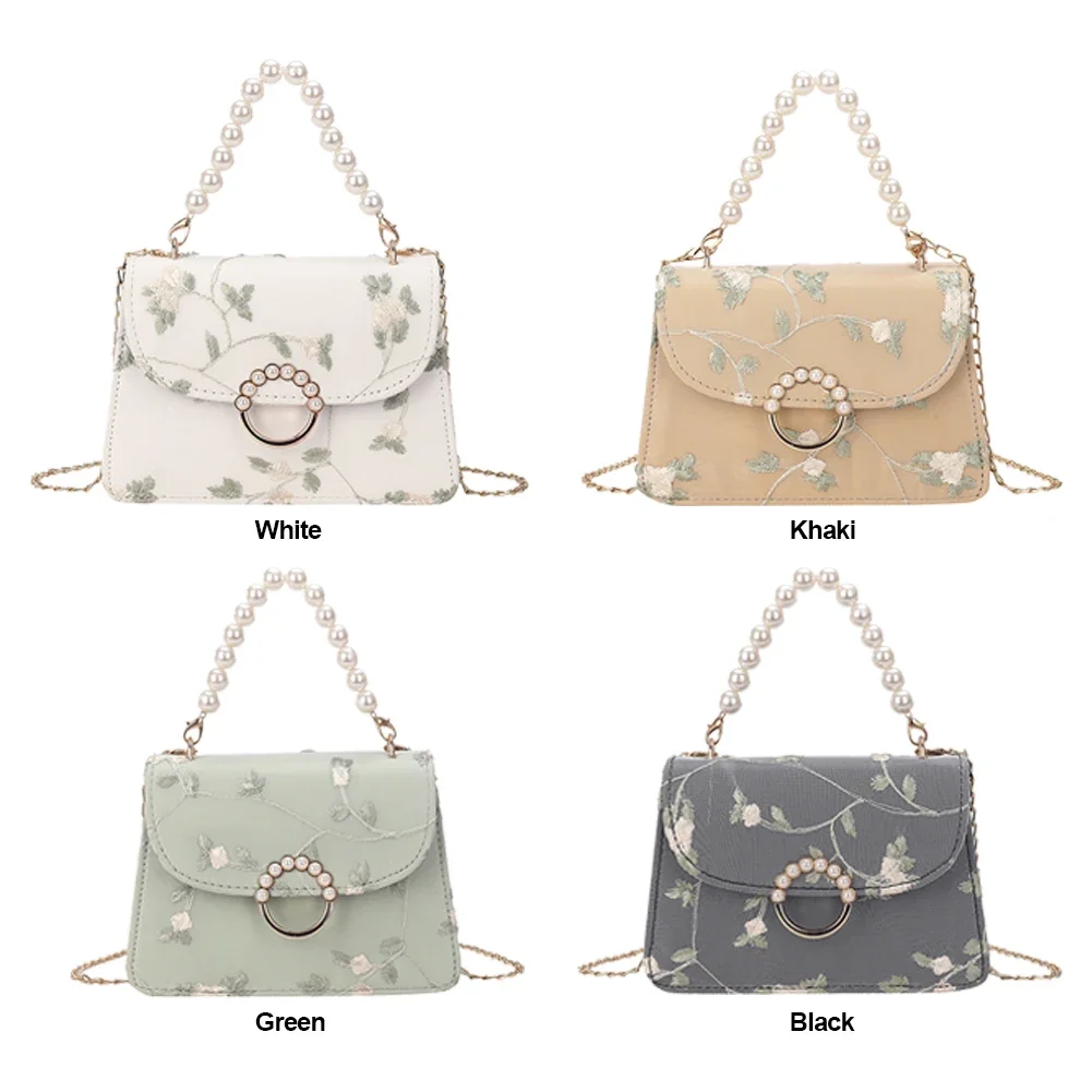 Women Vintage Pearl Chain Handbags PU Net Yarn Flower Embroidery Female Shoulder Bag Messenger Bag Small Tote Bag Crossbody Bags