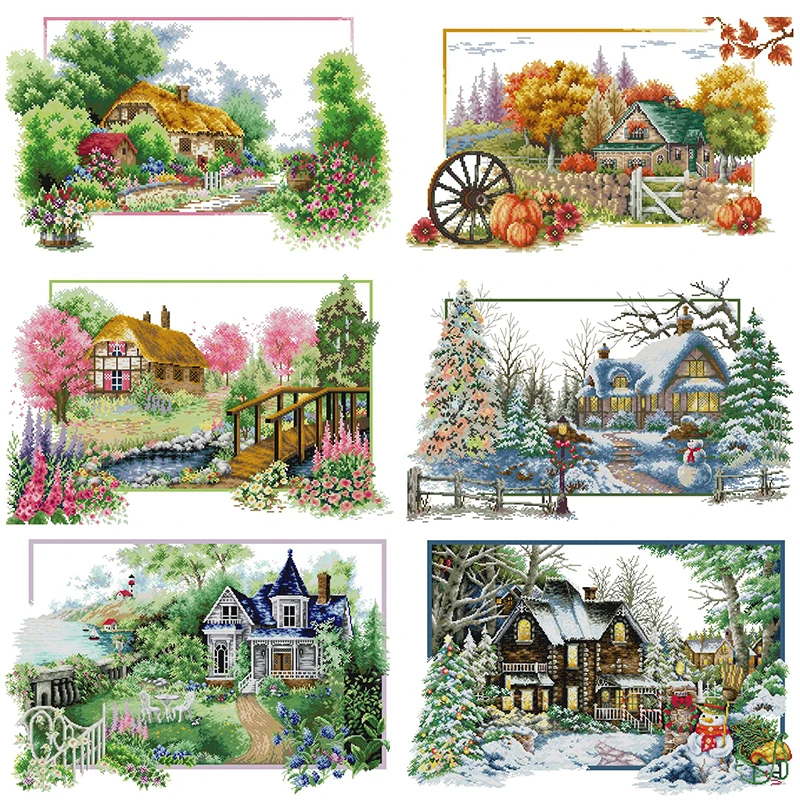 Four Seasons Scenery Series Cross Stitch Embroidery Kit Aida 14ct 16ct 11ct White Canvas Printed Fabric DIY Handmade Sewing Kits