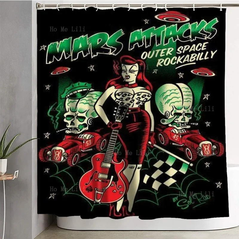 A Woman With A Guitar And Two Skeletons On A Racecar Creepy Rockabilly Art Shower Curtain By Ho Me Lili For Bathroom Decor