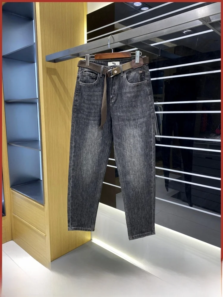 

Роскошные мужские удобные эластичные прямые повседневные универсальные джинсы с поясом и поясом, осенний сезон, смесь хлопка...