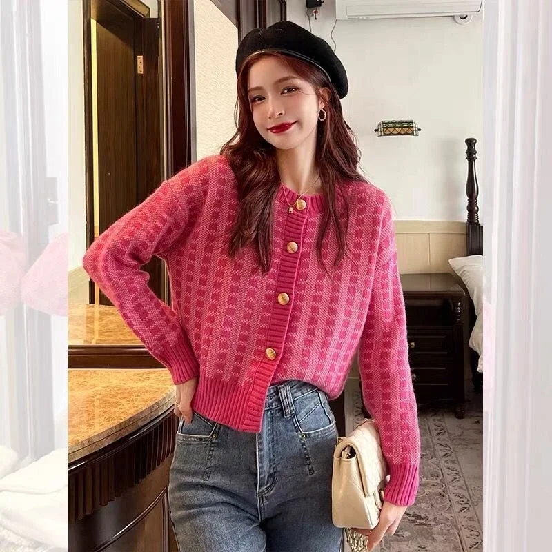 Autumn Spring Women Sweet Plaid Print Single-breasted Cropped Sweater Korean Slim Long Sleeves Pink Cardigan New Knitted Sweater