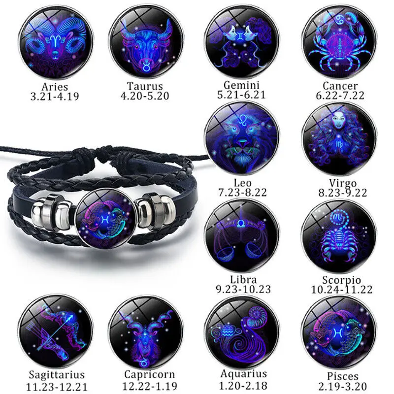 Pulsera de cuero trenzado para hombres y mujeres, brazalete con signos del zodiaco, astrología Luminou, joyería para niñas, regalos