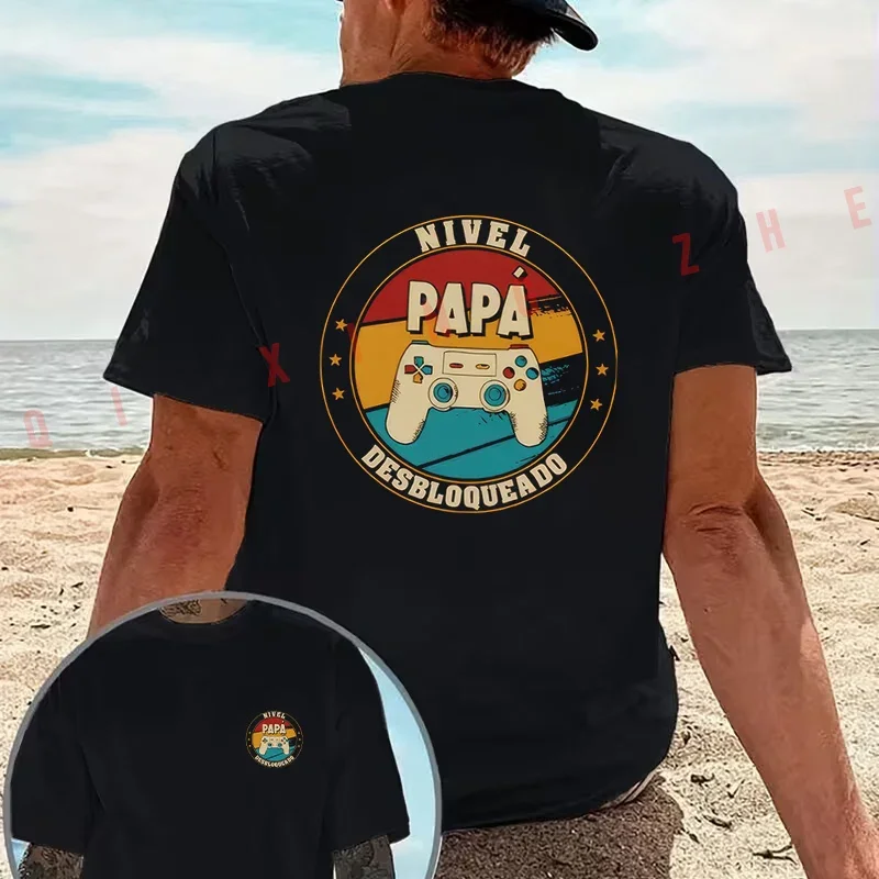 UNLOCKED DAD LEVEL Retro Game Controller Old Dad Fun motorcycle T-Shirt Cotton Double-Sided Print Men Casual Short Sleeve Tops