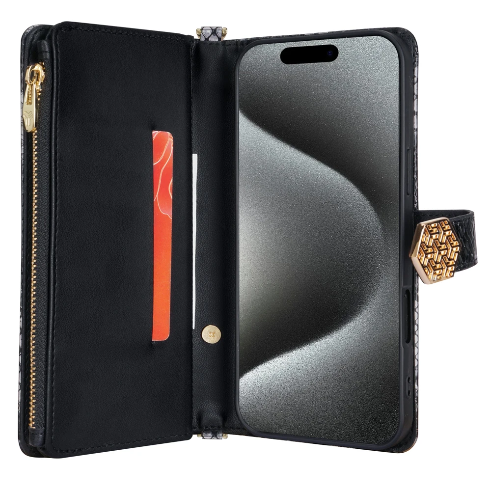 Rits Schouder Portemonnee Case Voor Xiaomi Poco C65 C61 C51 C50 C40 Multi 6 Kaarten Slangenpatroon Lederen Handtas Telefoonhoes Funda