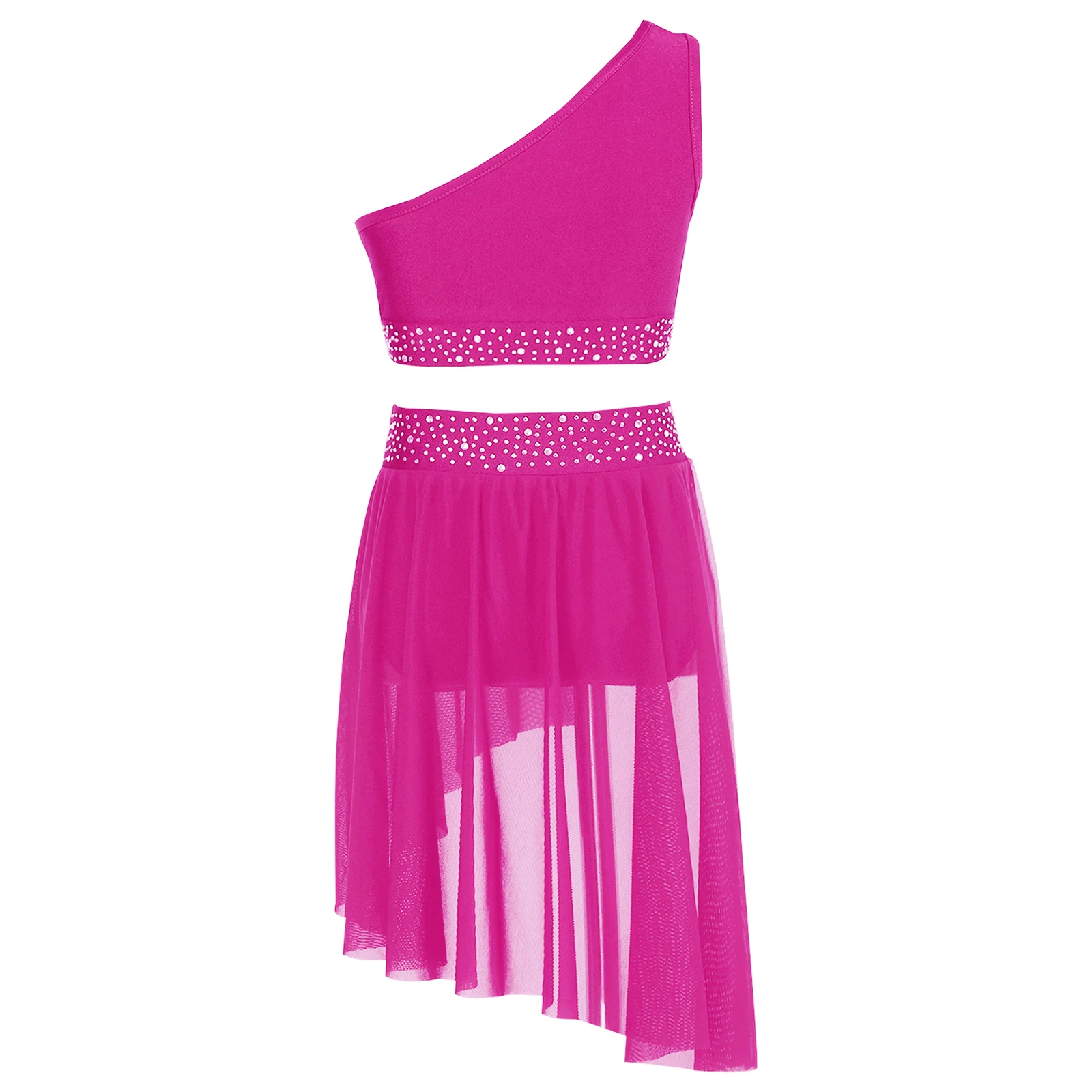 Kids Girls Modern Lyrical Dance Set Rhinestones Sleeveless Crop Top and Wrap Tutu Skirt Set  for Ballet Figure Skating Dancewear