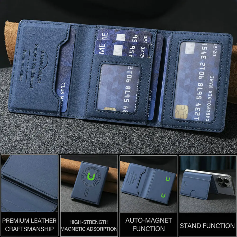 Porta-cartões magnético de couro, adequado para capa de celular com função Magsafe, carteira com compartimento para cartões, suporte e capa protetora.