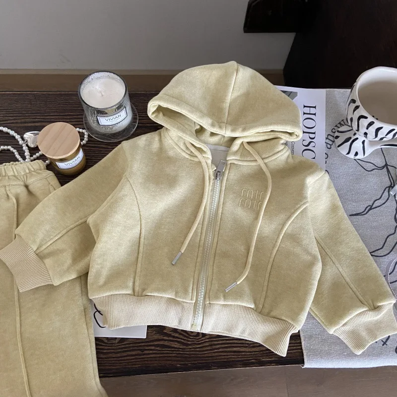 2025 Autumn New Children Long Sleeve Clothes Set Boys Girls Zipper Hoodie + Sweat Pants 2pcs Suit Kids Solid Casual Outfits