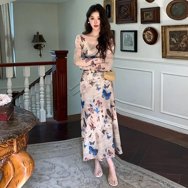 فساتين نسائية بأكمام طويلة فستان مكشكش للخريف محبوك مبطن متشابك مرونة الياقة المدورة شريط عمودي مكان العمل الرسمي #1