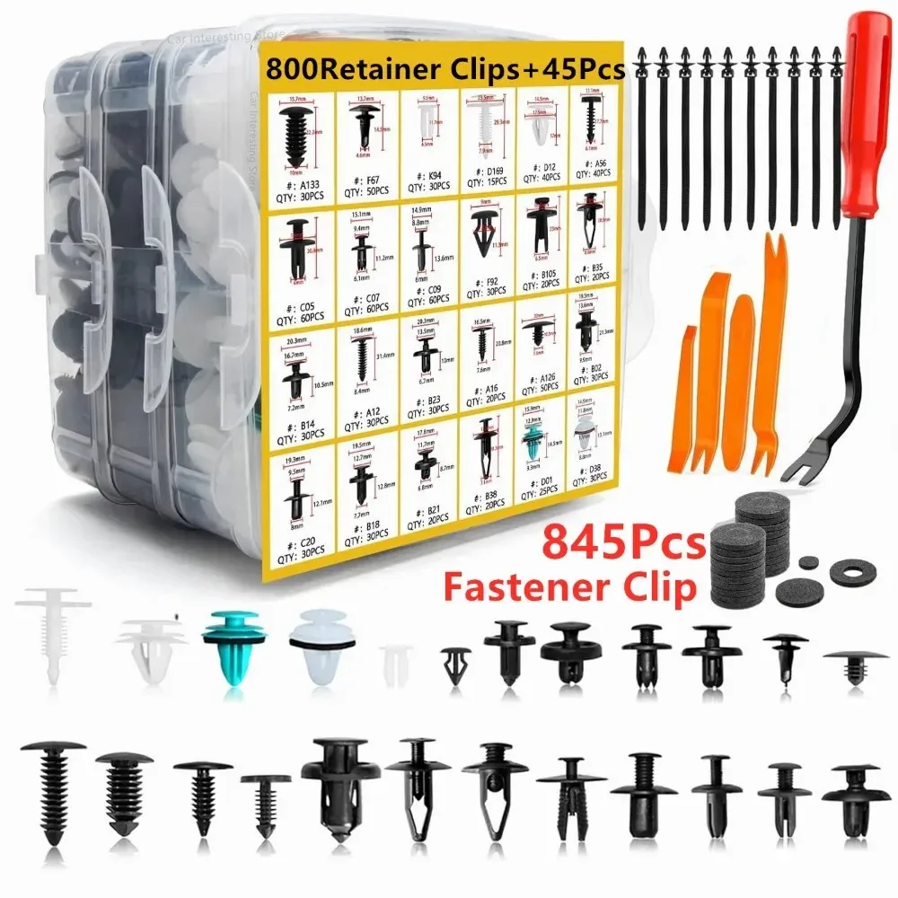 Zestaw 800-100 szt. plastikowych klipsów mocujących do samochodu, nitów wciskanych do błotników, paneli tapicerki drzwi, mocowań zderzaków samochodowych, narzędzie.