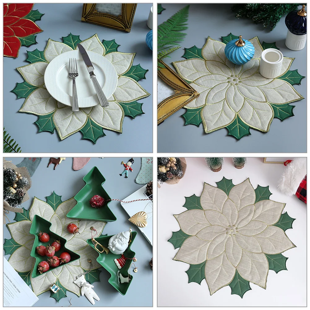 

4Pcs Christmas Placemats Embroidered Poinsettia Design Heat-Resistant Table Place Mats Reusable Holiday Dining Table Decoration