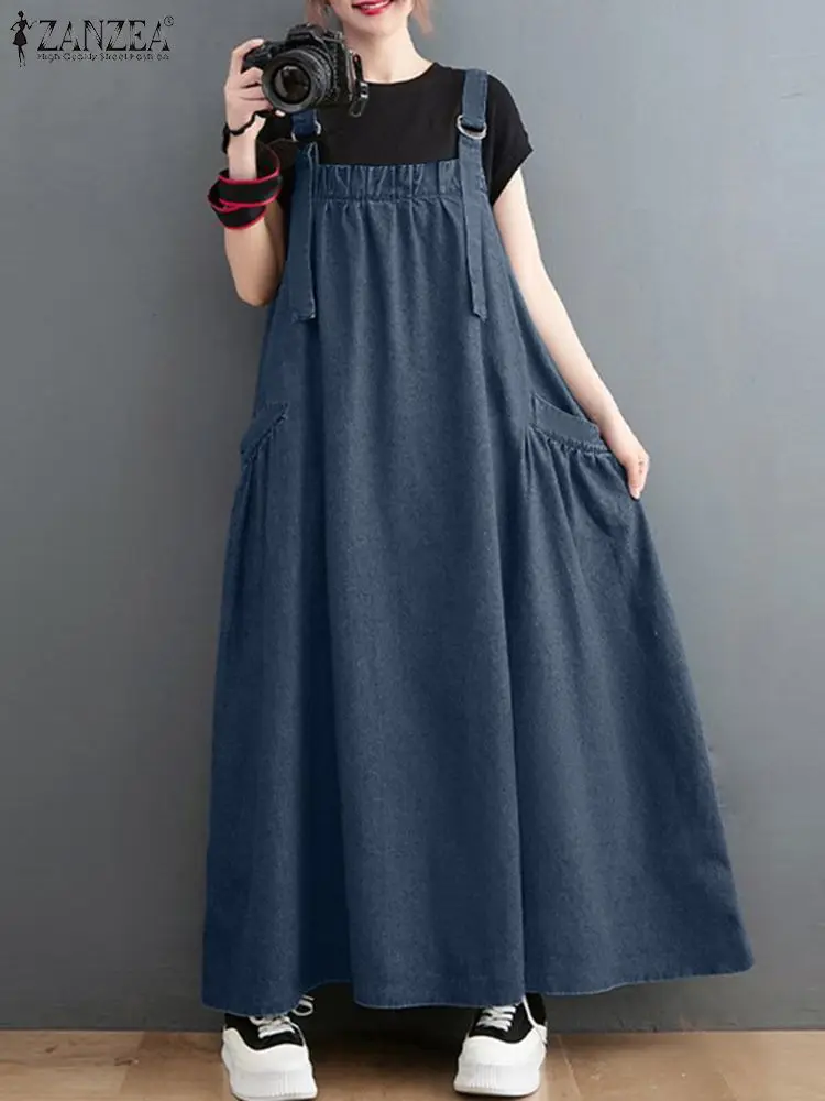 ZANZEA Fashion Summer Overalls Dress Women Denim Blue Casual Loose Sundress Vintage Straps Solid A-line Vestido Beach Sarafans