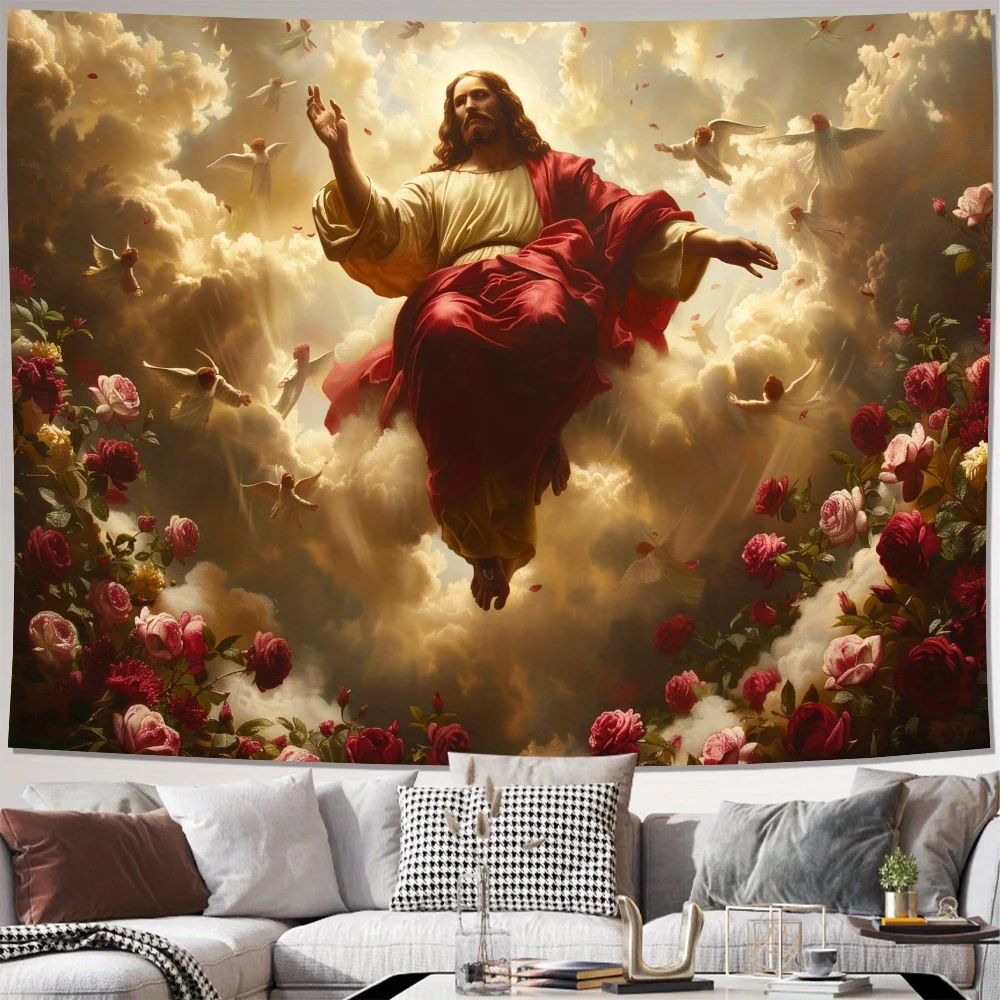 Jesus Christ Ascension Tapestry with Angels and Roses Wall Art for Living Room Bedroom Christian Decor