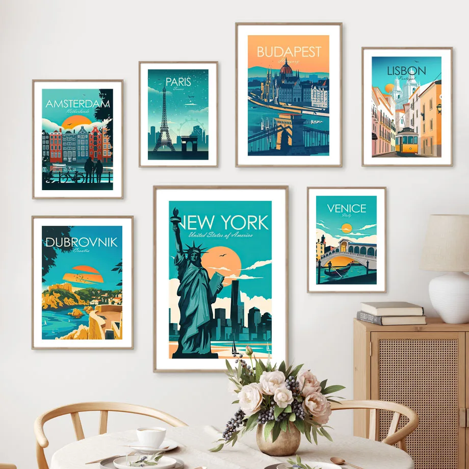 Vintage Travel Poster New York Paris Budapest Venice Lisbon Canvas Painting Wall Art Mural Print Pictures Living Room Home Decor