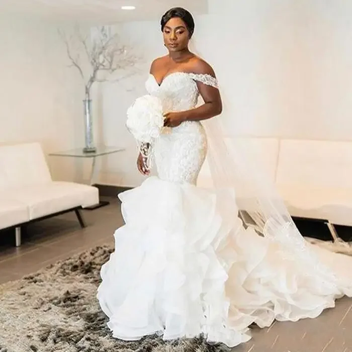 Customized Elegant African Mermaid Wedding Dresses Sweep Organza Tiered Ruffles Off The Shoulder Robe De Mariee