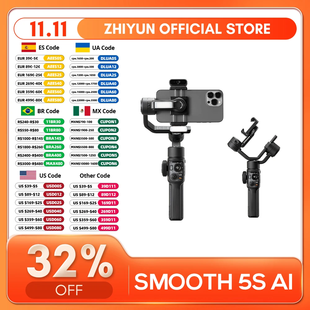 ZHIYUN Official SMOOTH 5S AI Smartphone Gimbal 3-Axis Gimbals Fill Light Phone Stabilizer for iPhone 15 Pro Max Android