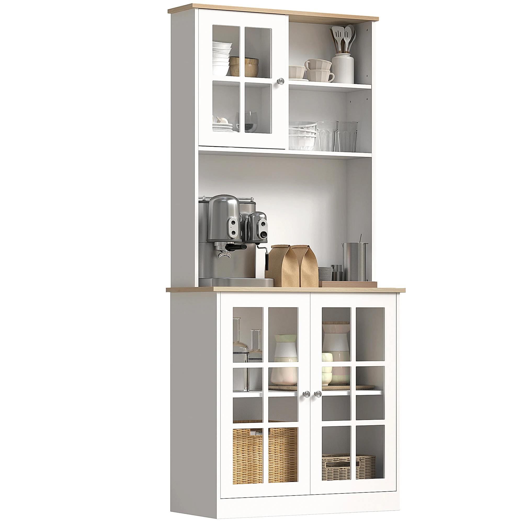 HOMCOM Armario de Cocina con Estantes y Puertas de Vidrio Perfecto para Pequeños Electrodomésticos y Menaje 80x37x183cm Blanco