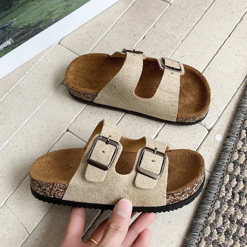 Summer Toddler Kids Boys Girls Suede Cork Slide Sandals Double Buckle Non-Slip Soft Sole for Indoor Outdoor Daily Casual Wear