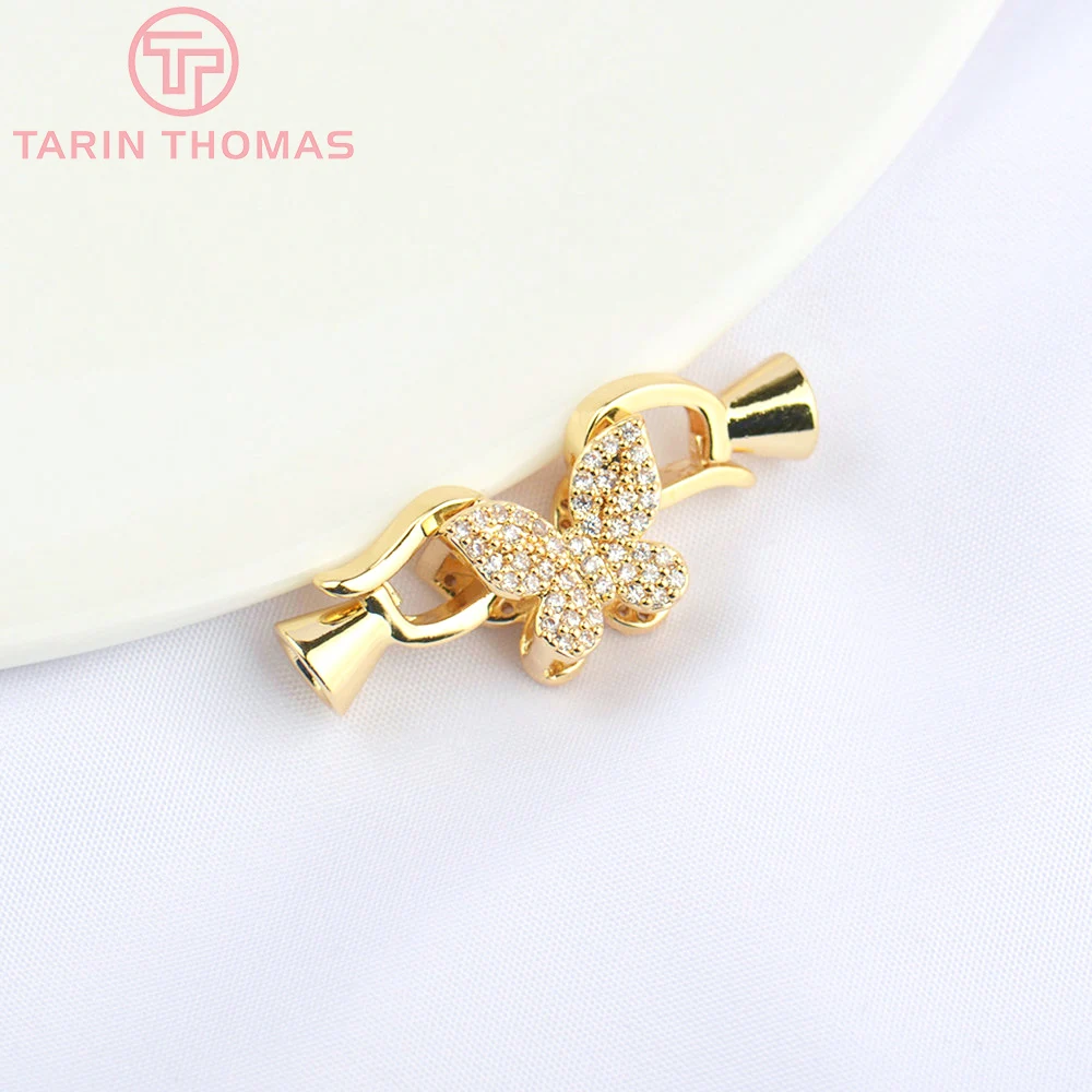 (5060)4PCS 9x32.5MM 24K Gold Color Brass with Zircon Butterfly Bracelet Connector Clasp High Quality Diy Jewelry Accessories