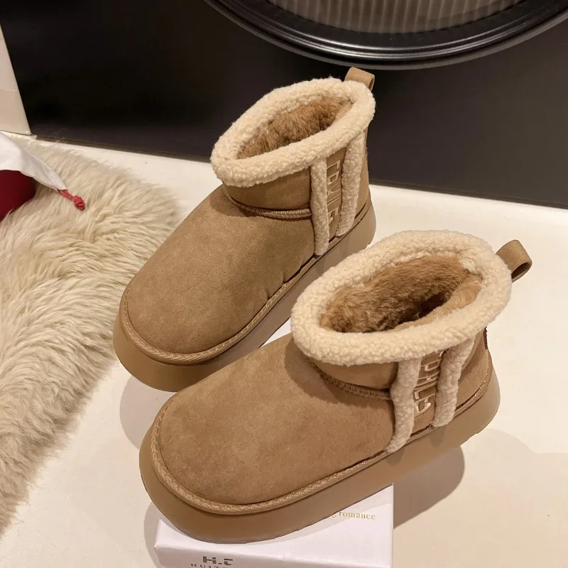 2024 Winter Women Short Plush Warm Snow Boots Casual Shoes New Suede Fur Chelsea Ankle Boots Flats Platform Ladies Shoes Botas