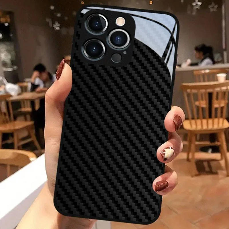 Schwarze Handyhülle aus gehärtetem Glas mit Kohlefaser-Textur für iPhone 18 17 16 15 14 13 12 11 Pro Max Air 7 8 Plus XR XS X Cover – Detail 6