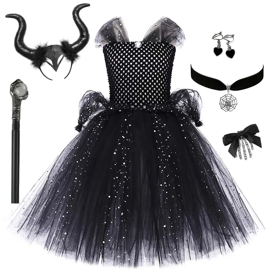 Vampire Halloween Cosplay Black Princess Dress Girl Evil Witch Role Play Sequin Mesh Vestidos Children Stage Performance Clothes