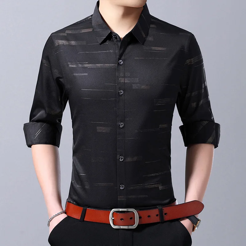 

2022 Spring Autumn Satin Mens Shirts Luxury Long Sleeve Gold Stamping Printed Business Casual Male Shirts Party Man Shirts 3XL