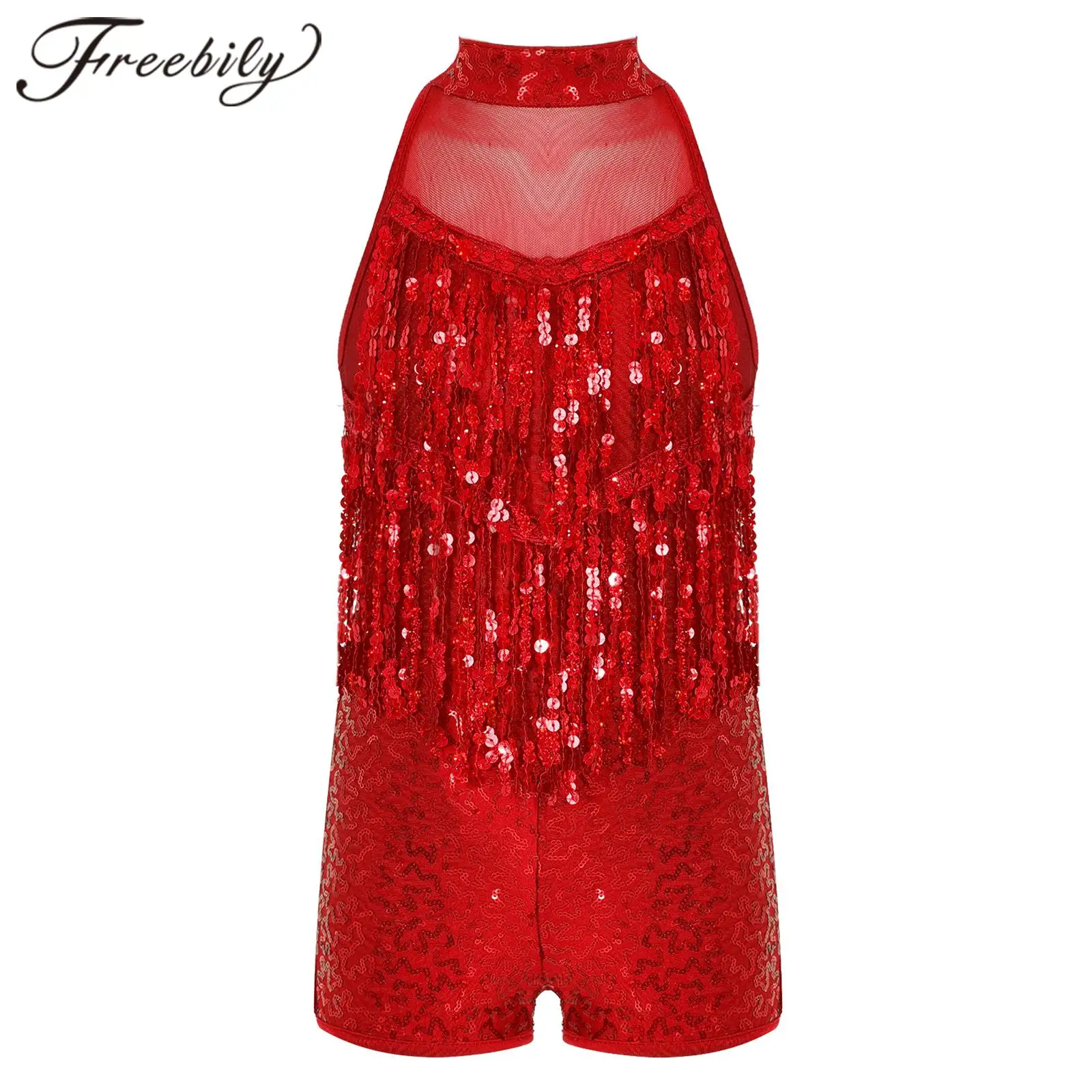 

Kids Girls Jazz Dance Costumes Childs Shiny Sequins Ballet Leotard Tassel Jumpsuit Bodysuit for Latin Dancing Stage Party Dressy