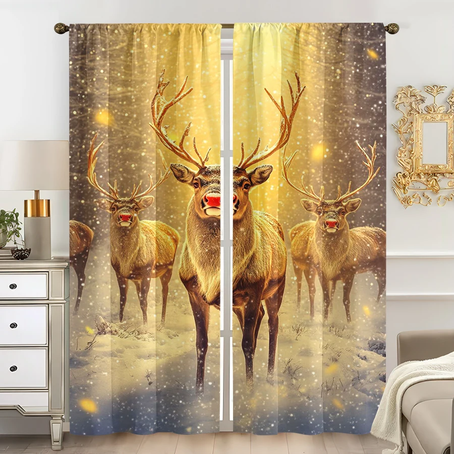 2PCS Christmas Winter Curtains, Golden Reindeer, Digital Print, Bedroom Living Room Kitchen, Rod Pocket Polyester, Home Decor