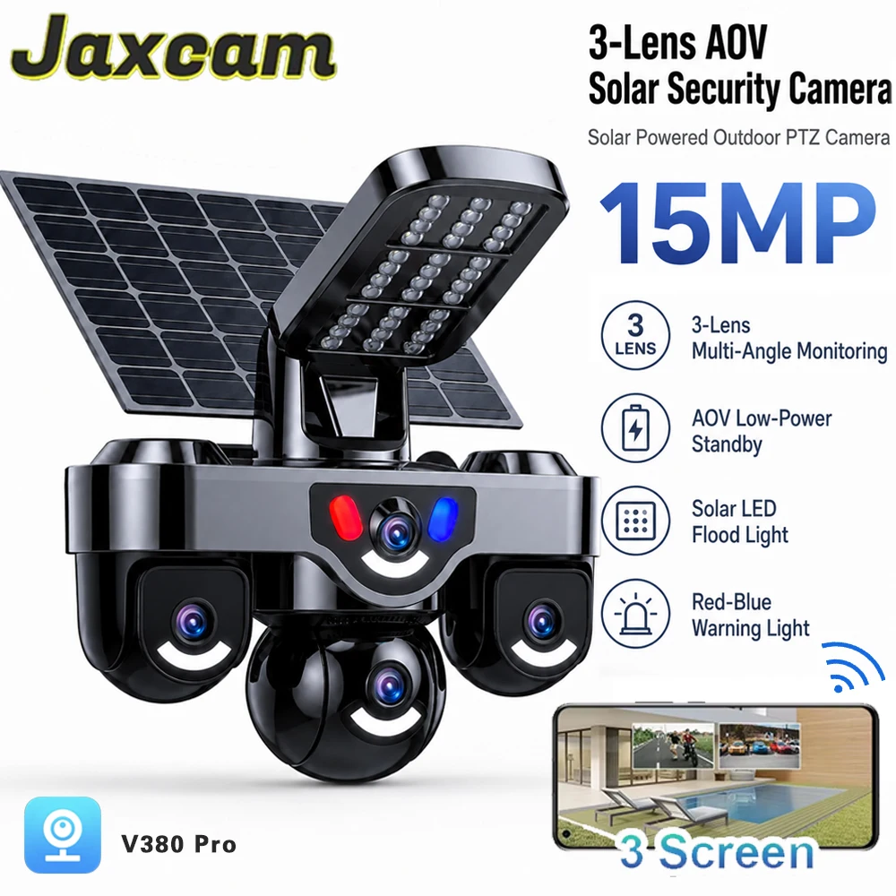 15MP Solar Camera LED Lighting Three Screen WiFi Security Solar CCTV Wireless Surveillance IP Camera Remote Control V380 app