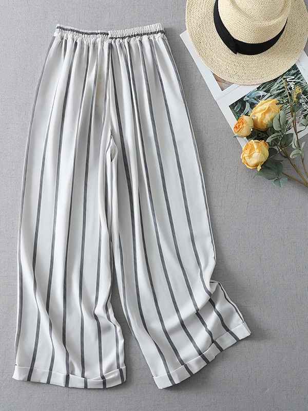 Japanese Style High Waist Wide Leg Pants Women's Casual Striped Trousers Summer New Loose Comfortable Nine Points Trendy